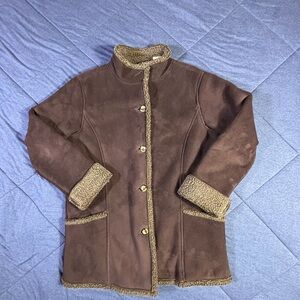 Y2K LL Bean Jacket Womens Medium Regular Brown Faux Suede Button Up Sherpa Lined